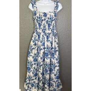 Haute Hippie Style Blue White Floral Smocked Midi Dress SZ4 Ruffle Straps